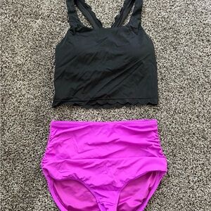 Women's scallop Black Tankini Top and Magenta High-Waist Bottom Swim Set